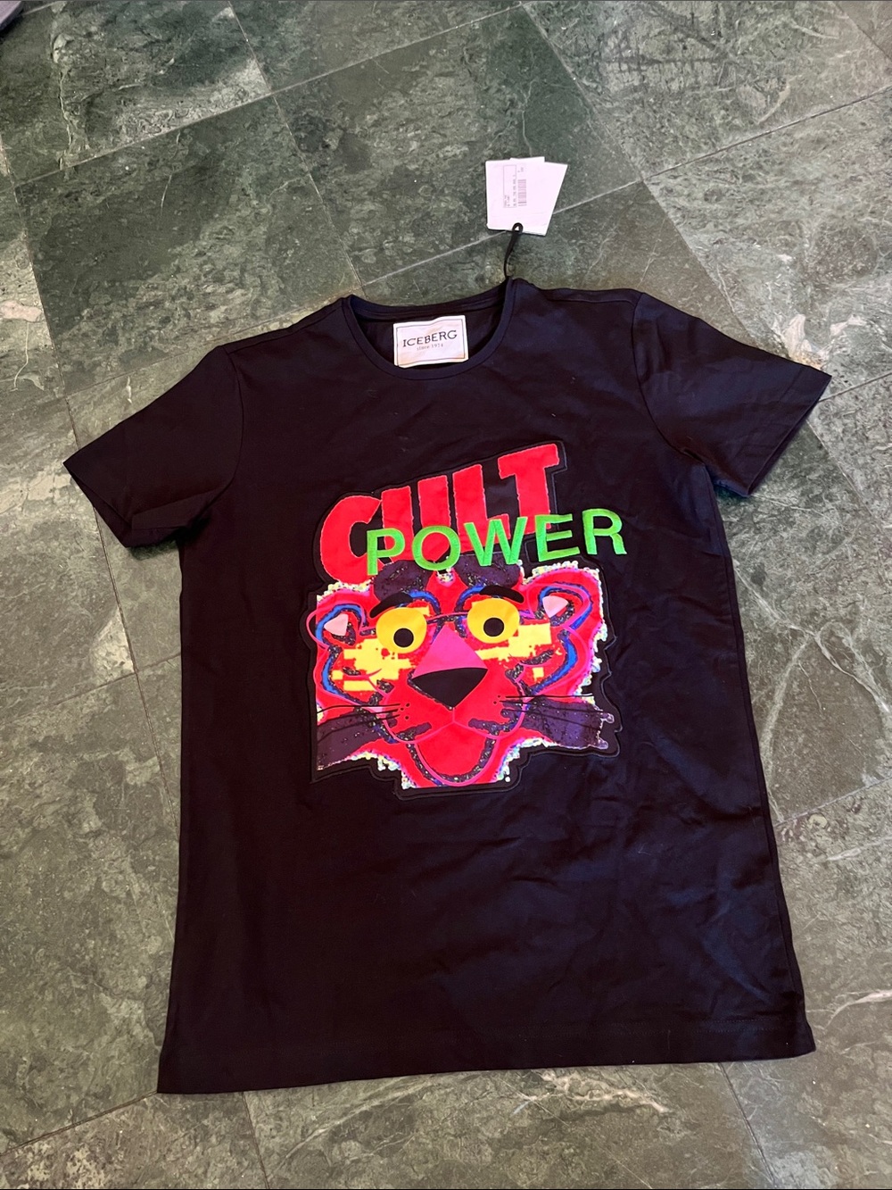 Iceberg Black Tee with Neon Red Tiger and Green 'POWER' Graphic